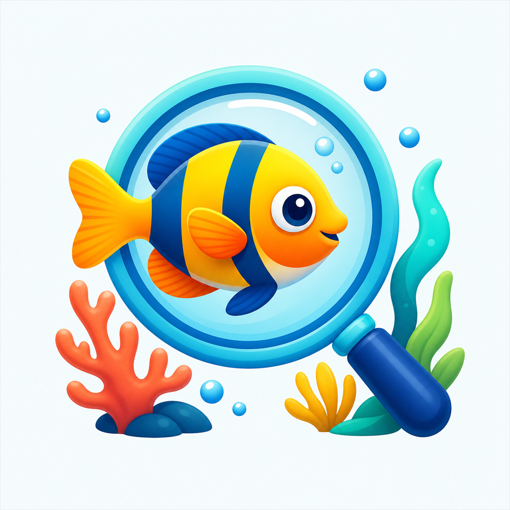 A colorful FinDex fish under a magnifying glass
